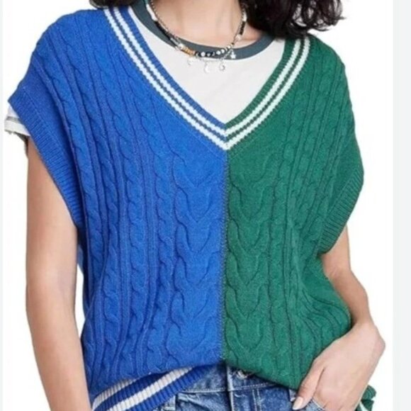 Wild Fable sz S Sweater Vest Oversized Cable-Knit V-Neck Blue & Green tennisprep - Picture 1 of 6